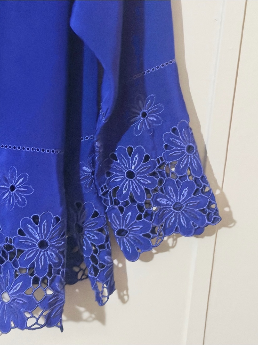 Vintage Ester Ken Paris Button-Down Blouse with Floral Lace Hem in Royal Blue - Picture 4 of 9